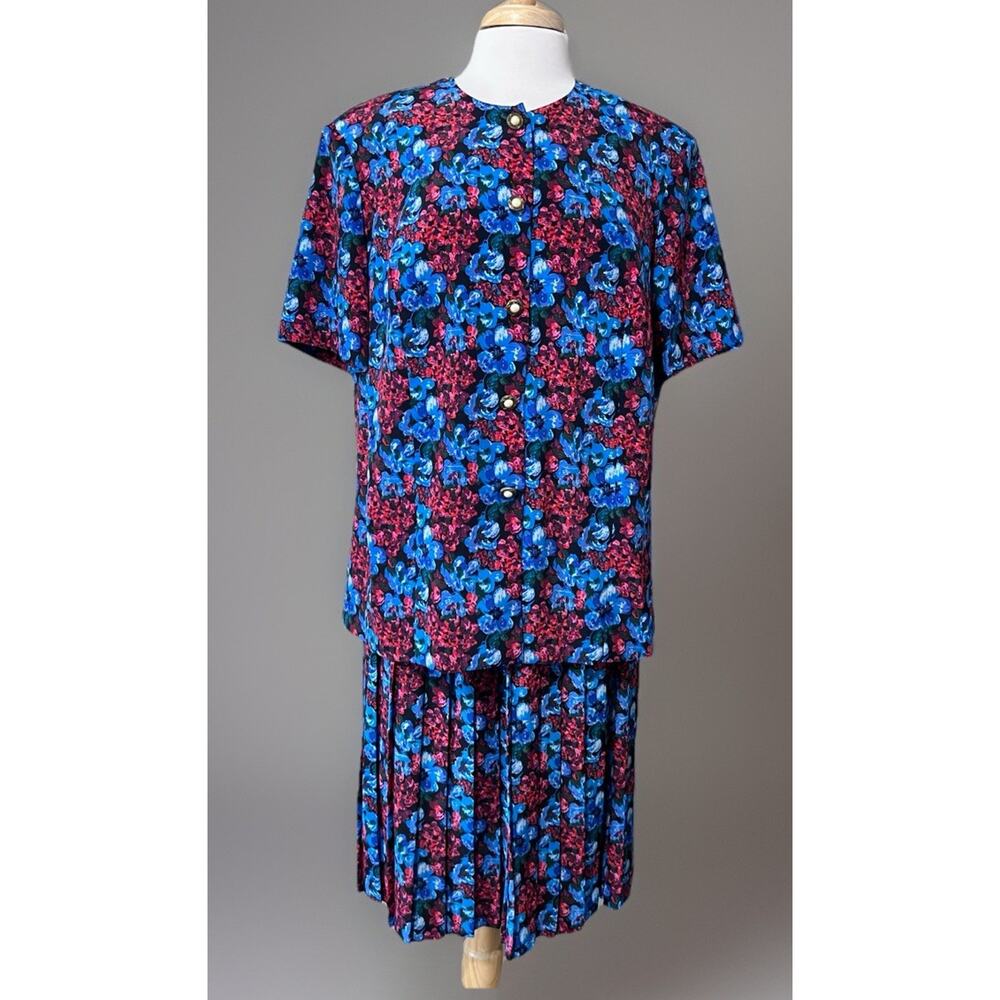 Vtg Leslie Fay Dress Blue Red Floral Waist Drop Pleated Short Sleeve Plus 18WP